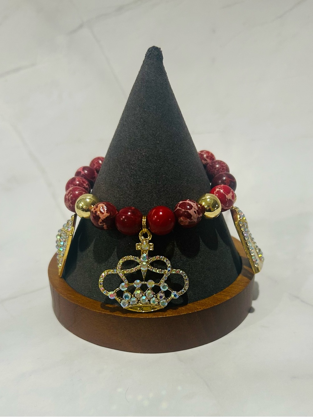 Red Sea sediment jasper & 14K gold Beaded Bracelet w/ Gold-tone crystal Charms